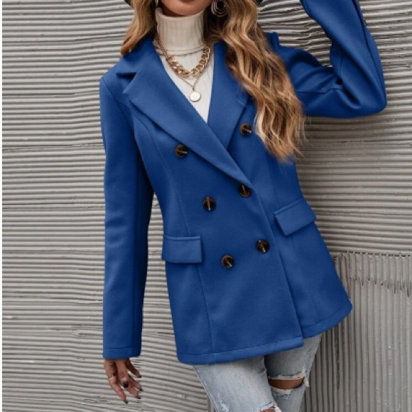 Classic Blue Double Breast Button Up Jacket Coat - Picture 3 of 14
